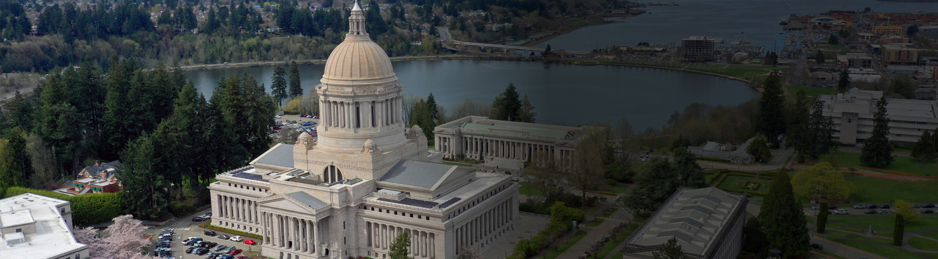 Aerial view of a government building with a dome by a lake, surrounded by trees and cityscape.