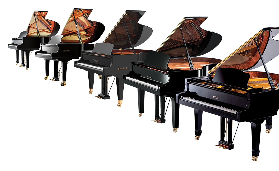 Row of polished grand pianos from Steinway, Schimmel, Bosendorfer, Yamaha, and Grotrian brands.