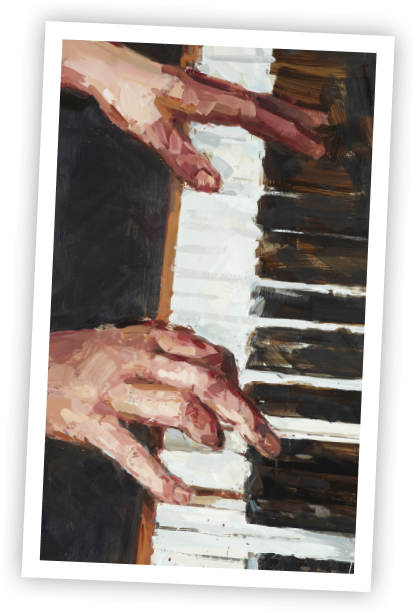 Picture of encaustic painting of hands playing a piano by Seattle artist Willow Bader for a cross-promotion with Classic Pianos in Bellevue