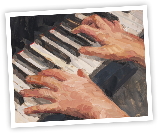 Painting of hands playing piano keys, showcasing expressive technique and movement.
