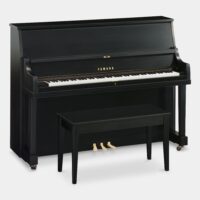 Yamaha upright piano in ebony, showcasing elegant craftsmanship and rich tone quality. Perfect for homes and studios.