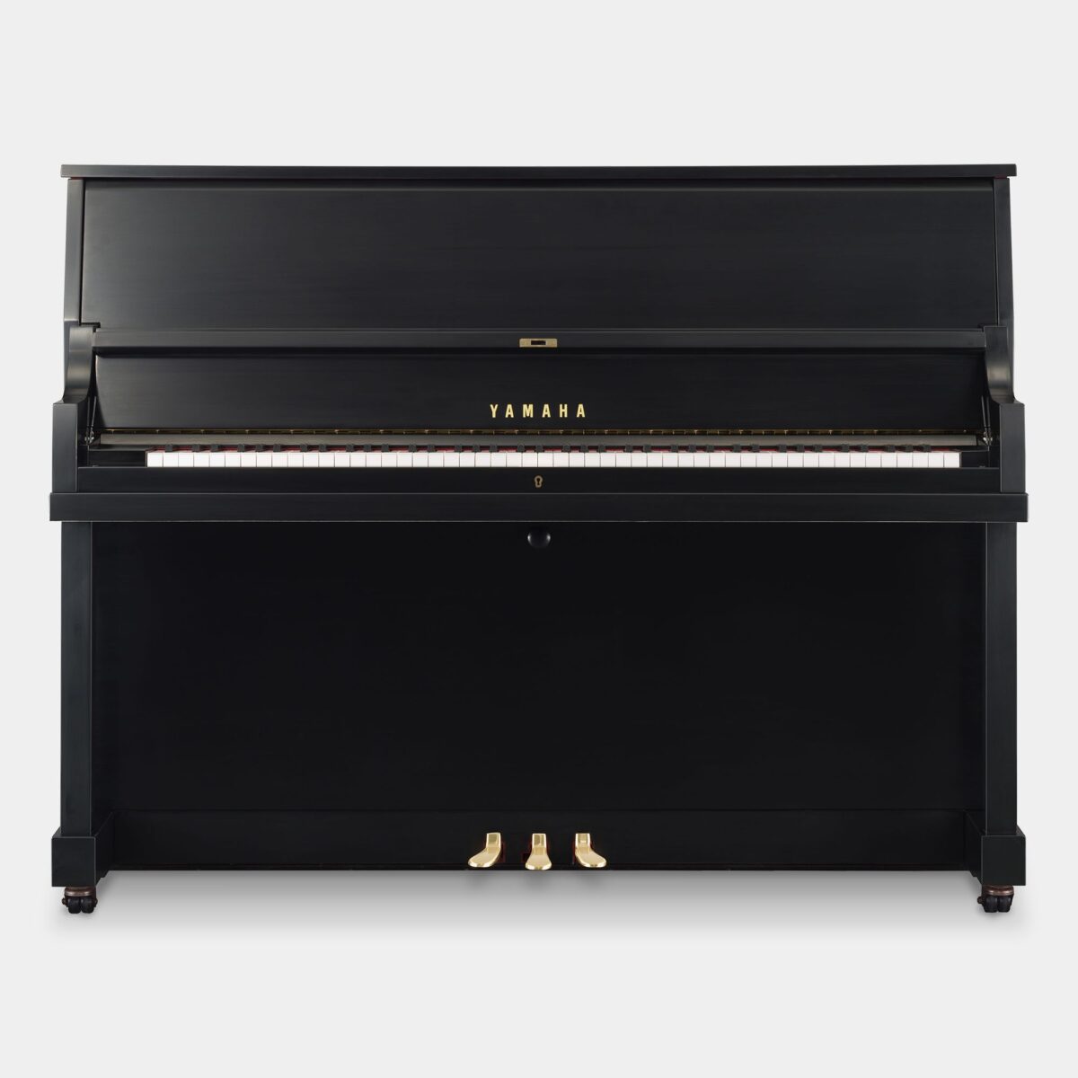 Yamaha U1 upright piano in polished ebony finish, featuring advanced tone and touch for superior sound quality.