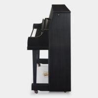 Side view of a Steinway upright piano in ebony finish, highlighting a sleek, compact design for enhanced home acoustics.