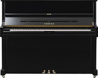 Yamaha U1 polished black upright piano with premium tone, responsive action, and elegant design for any space.