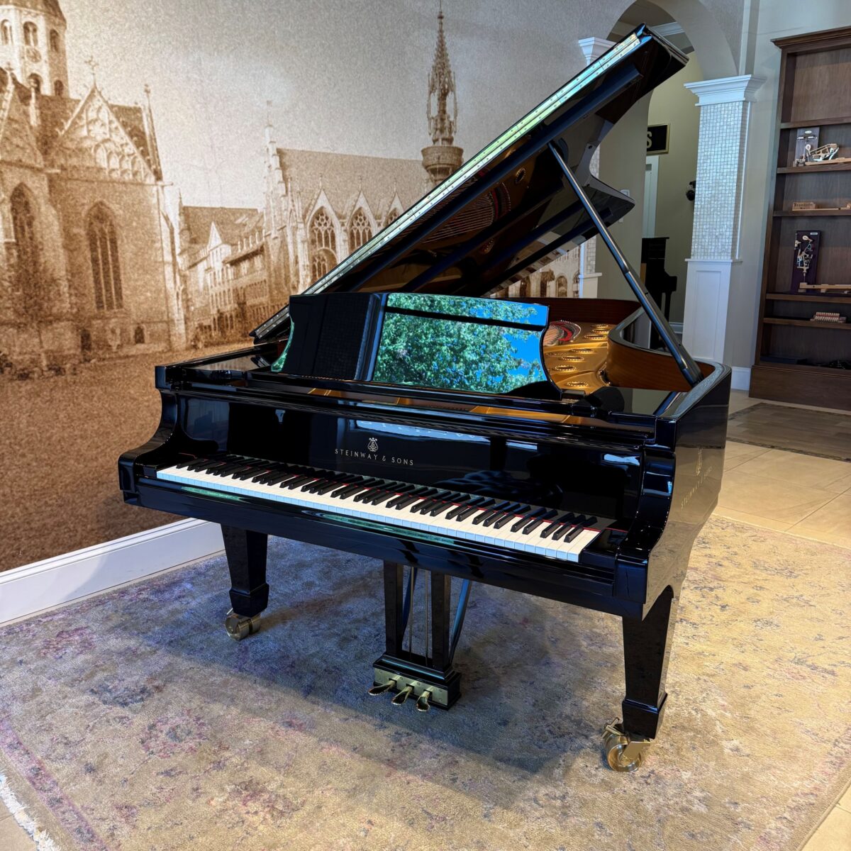 Steinway & Sons grand piano, polished ebony finish, featuring rich soundboard acoustics and precision-engineered action.