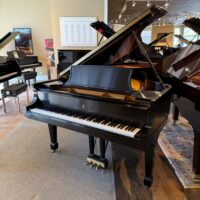 Alt text: Steinway & Sons baby grand piano showcasing polished ebony finish and distinctive key action in a piano showroom.