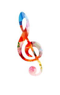 Colorful artistic treble clef symbol on white background.