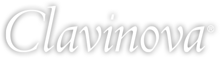 Clavinova logo on black background, representing digital piano brand.