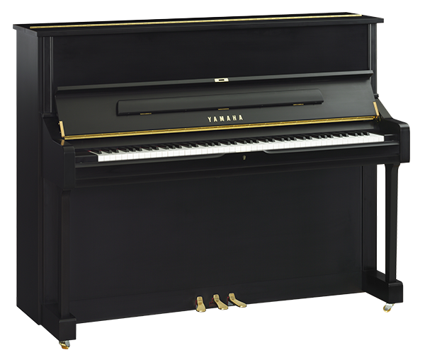 Yamaha upright piano with black finish in a showroom setting.